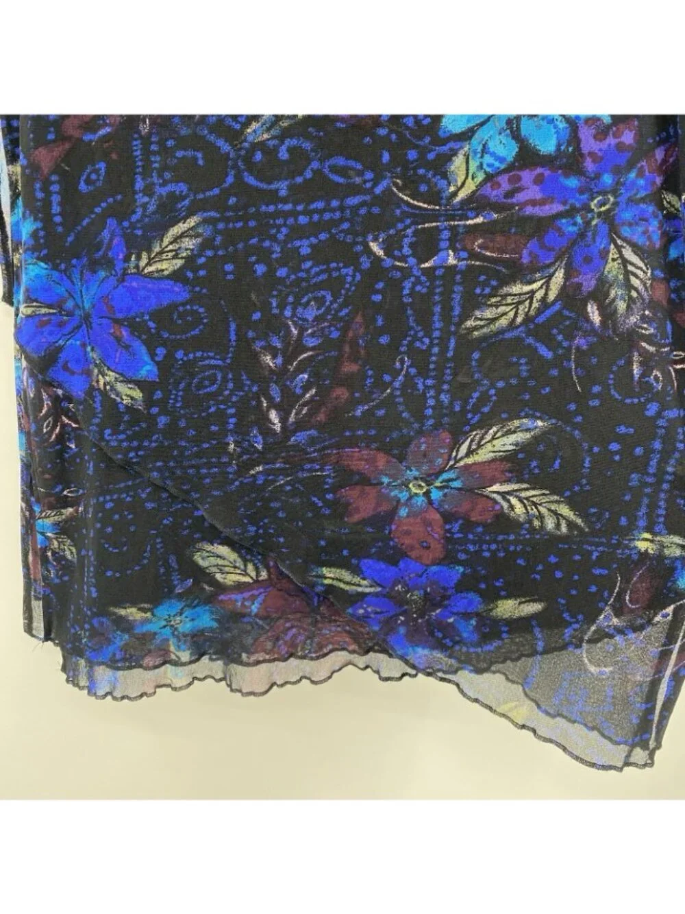 Chicos Layered Mesh Floral Print Midi Skirt Blue Black Womens Size 3 XL Vintage